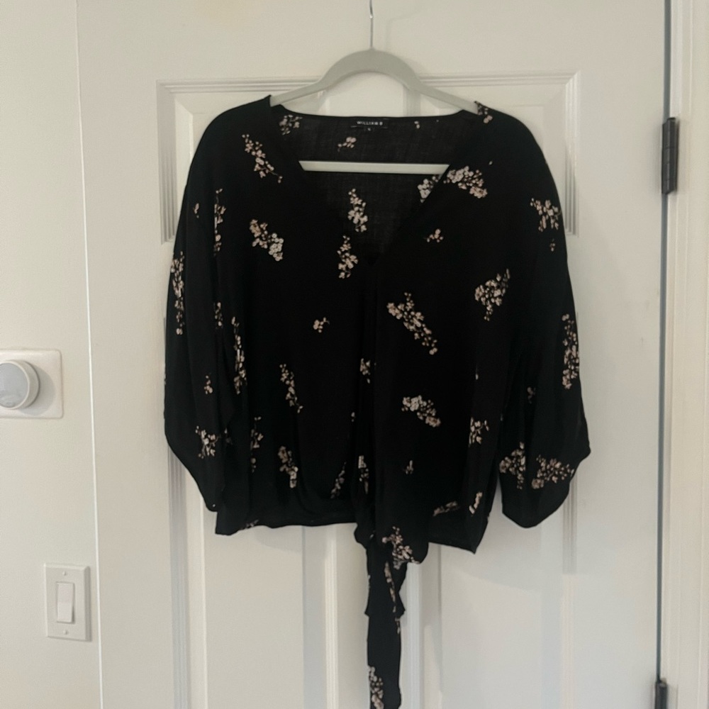 William B black and floral top with tie